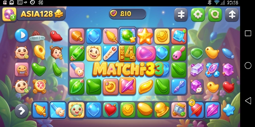 Tampilan seru gameplay Match-3 ASIA128 yang penuh warna.