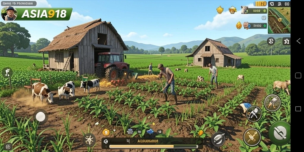 Tampilan gameplay ASIA918 menampilkan ladang pertanian yang subur dan aktivitas bertani.