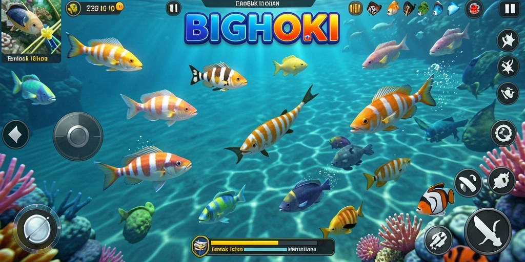 Tampilan gameplay BIGHOKI yang seru dengan ikan berwarna-warni.