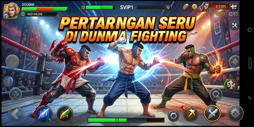 Tampilan aksi penuh saat karakter bertarung di arena.